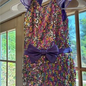 Colorful Sequin Dance Costume with Purple Bow
